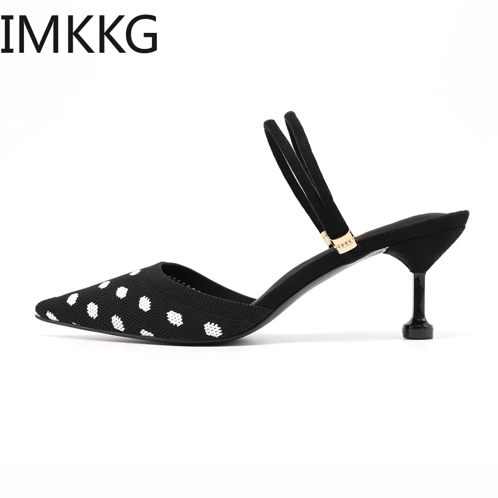 Женские босоножки с острым носком в горошек летние дамские тапочки на тонком