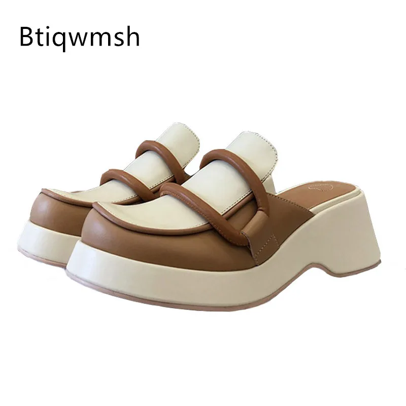 

Мюли женские в стиле ретро, мягкие Лоскутные туфли на танкетке, круглый носок, натуральная кожа, удобные сандалии, коричневые, черные, 2021