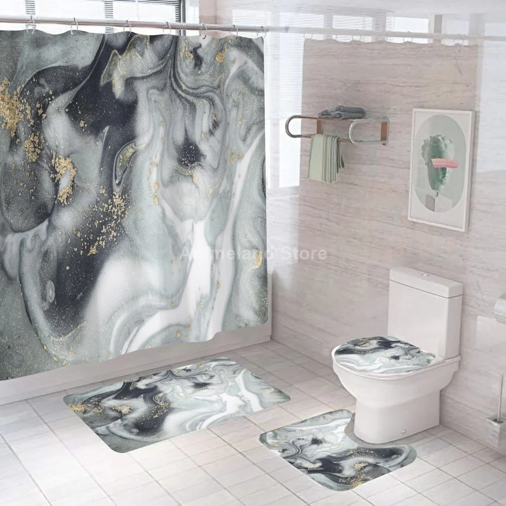 

Grey Gold Marble Shower Curtains Fashion Bathroom Curtain Bath Set Toilet Cover Mat Non-Slip Washroom Rug Set Modern 180x180cm
