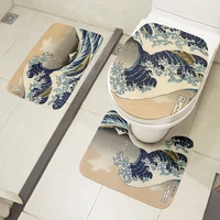 3pcs bath mat set toilet cushion cover japanese ukiyo e wave art non slip floor mat flannel shower room rugs absorbent carpet