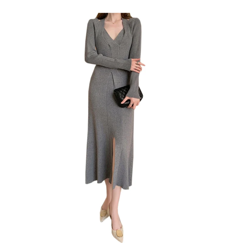 Осеннее длинное стильное платье-свитер с длинным рукавом соблазнительное