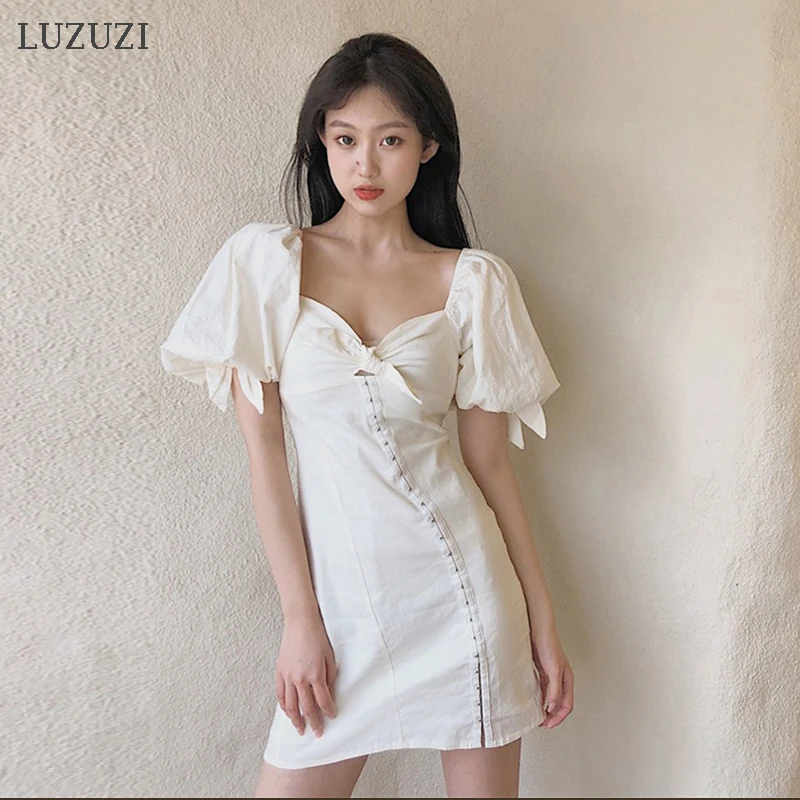 Женское мини-платье с V-образным вырезом и рукавами-фонариками | Женская одежда