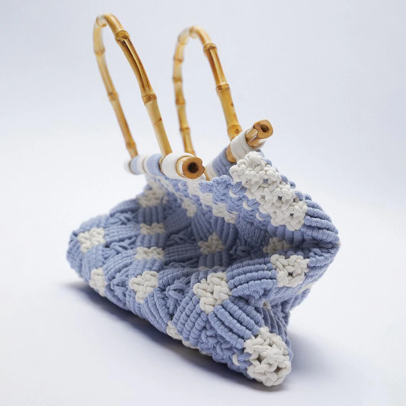 

Summer Cotton Rope Woven Bag Flower Bag Small Fresh ZA New Female Bag Bamboo Handle Blue Tote Bag Shopping Bag