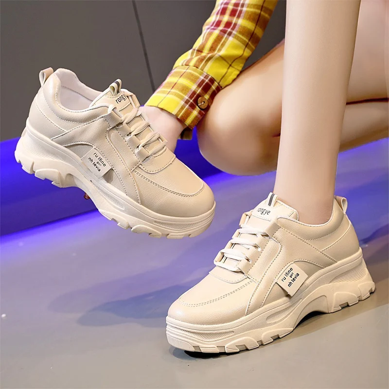 

Beige White Platform Sneakers Women 2021 Spring Autumn Casual Trainers Vulcanized Dad Shoes Women Breathable Chunky Sneakers