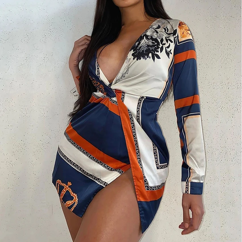 

New Fashion Summer Women's V-neck Printed Dress Sexy Slit Elegant Large Size Long Sleeve Dress Casual Comfortable Beach Style Dr