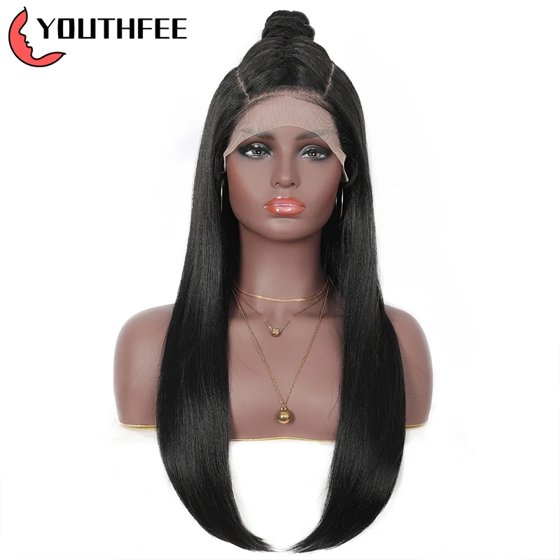

Youthfee Swiss Lace Frontal Synthetic Wigs For Women 24"Top Pre-Braided U Part Wig With Baby Hair Straight Lace Front Wigs