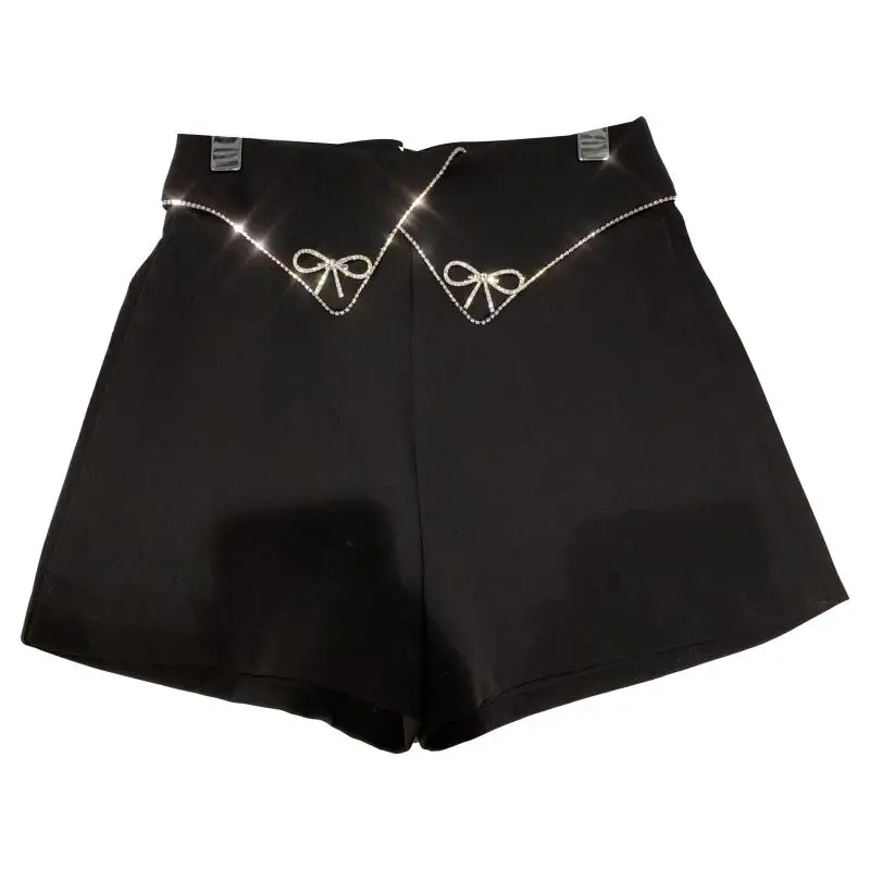 

2021 Spring Women Shorts Sequin Stripes New Bowknot Fold Waist Design Suit Shorts