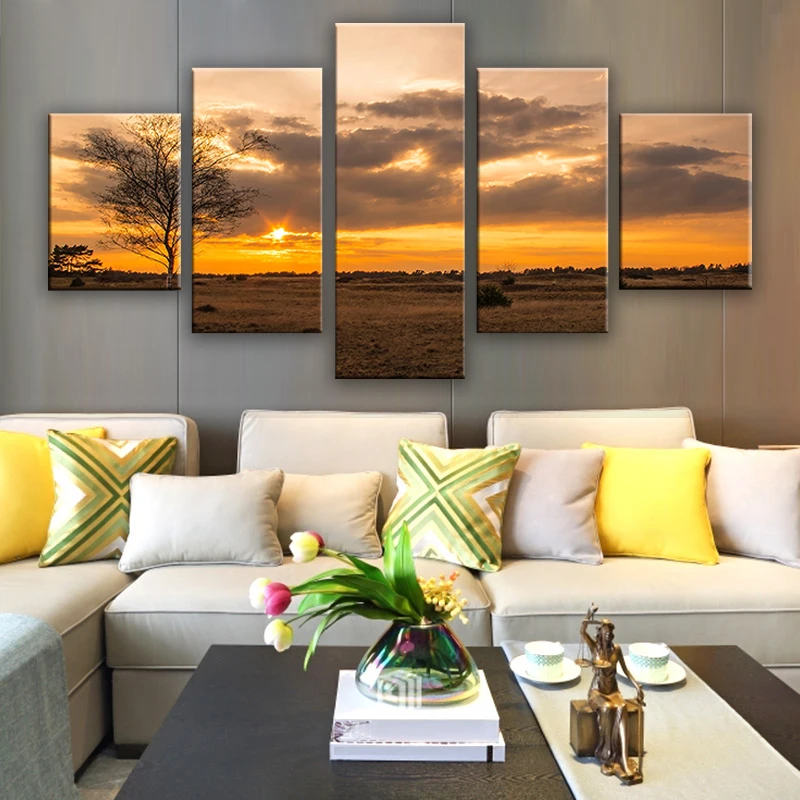 

HD Modular Poster Frame Canvas Pictures 5 Pieces Tree Sunset Natural Scenery Painting For Living Room Wall Art Prints Decoration
