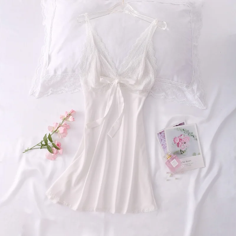 

Sexy Intimate Lingerie Women Satin Sleepwear Deep V-Neck Spaghetti Strap Nightdress Lace Trim Nightgown Home Dressing Gown