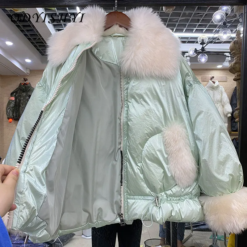 

2020 Thick Winter Short Shiny Feather Jacket Women Lamb Wool Stitching White Duck Down Coats Warm Outwear Female Parkas DH378