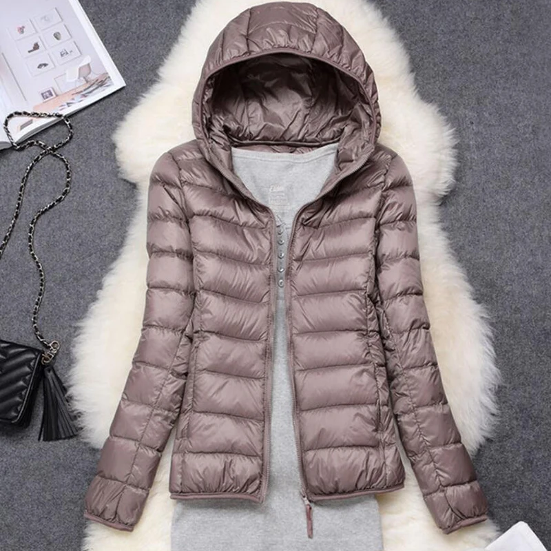 Winter Women Ultralight Thin Down Jacket White Duck Hooded Jackets Long Sleeve Warm Coat Parka Female Portable Outwear | Женская одежда