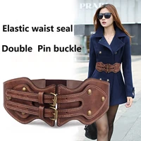 fashion western women belt crazy horse leather elastic waistband double buckle match windbreaker sweater down jacket waist belt