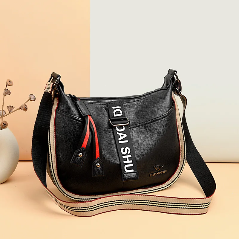 

Women Wide Shoulder Strap Messenger Bag Large Capacity Retro Pure Color Pu Leather Shoulder Bags Female Black Simple Handbags