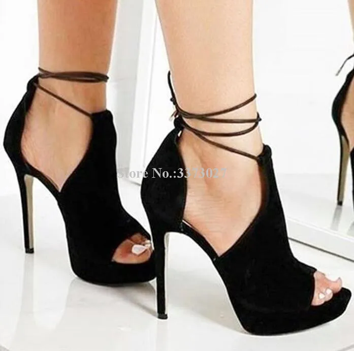 New Suede Lace-up Woman Platform Sandals Sexy Black Brown Peep Toe Stiletto Heels Pumps Ladies Large Size Dress Shoes Dropship | Обувь