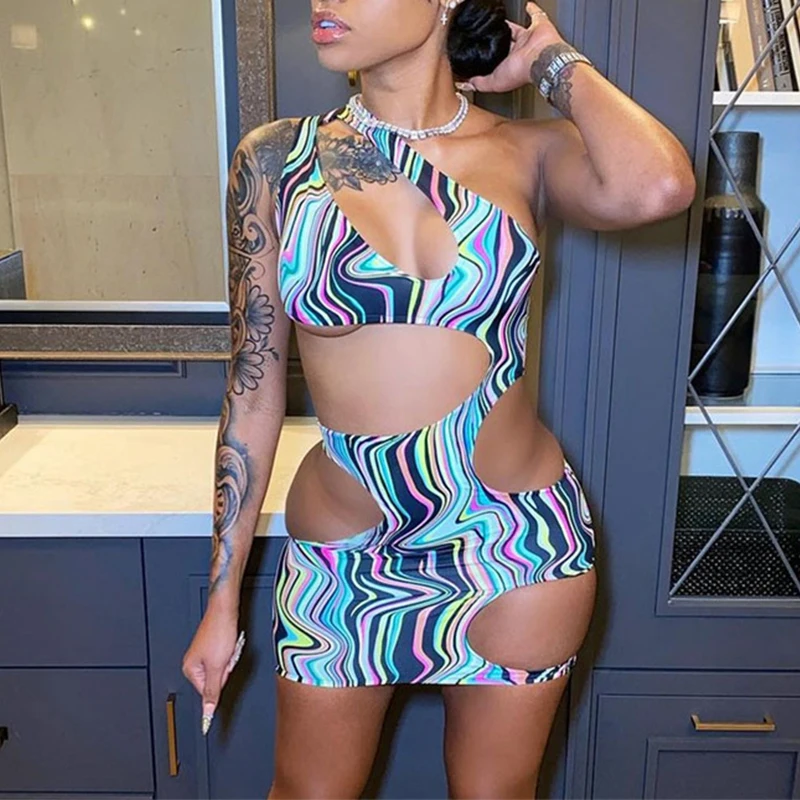 

Женское летнее сексуальное облегающее платье с вырезами, модные женские мини-платья с принтом на одно плечо без рукавов Y2K, новинка 2021