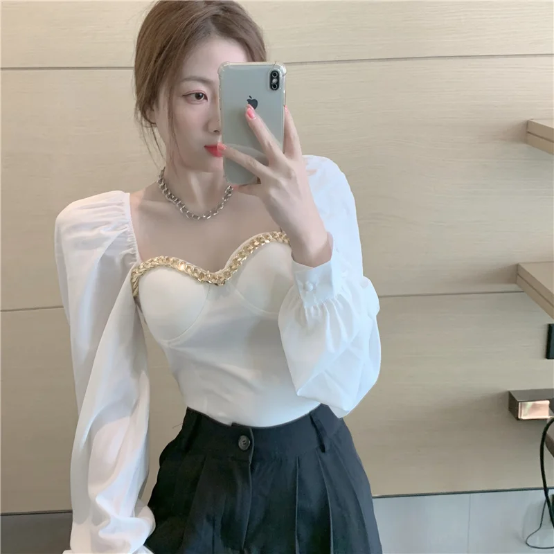 Фото Женская рубашка с длинным рукавом коротким и пузырьковым | одежда