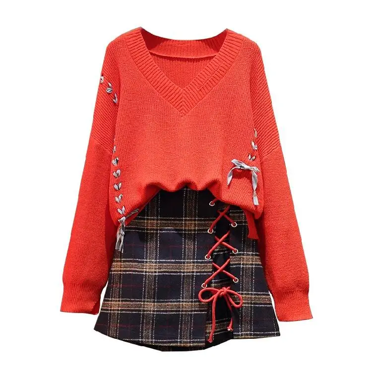 

ICHOIX large size M-4XL two piece suit 2020 Autumn V-neck knitted top with A-plaid skirt fashion two piece set quality outfits
