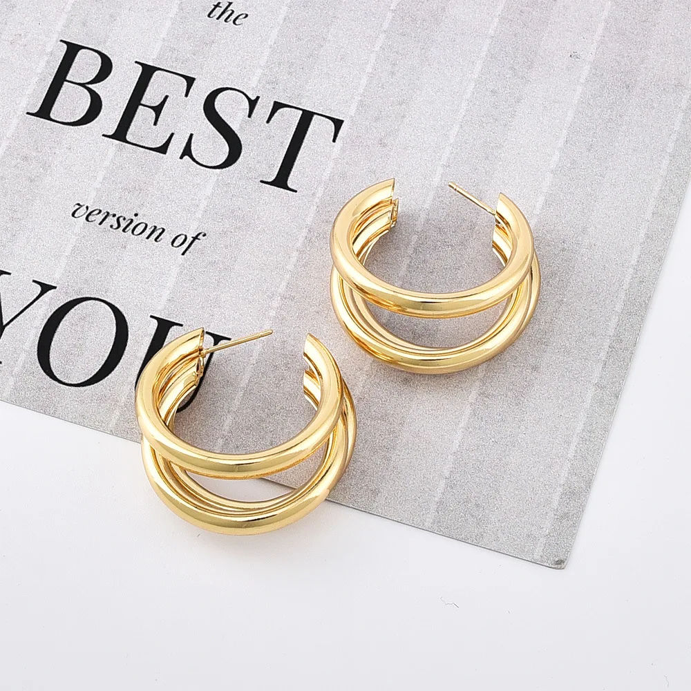 

2021 new golden fashion fashion personality street shooting simple C-shaped round tube 3 women's earrings earrings earrings