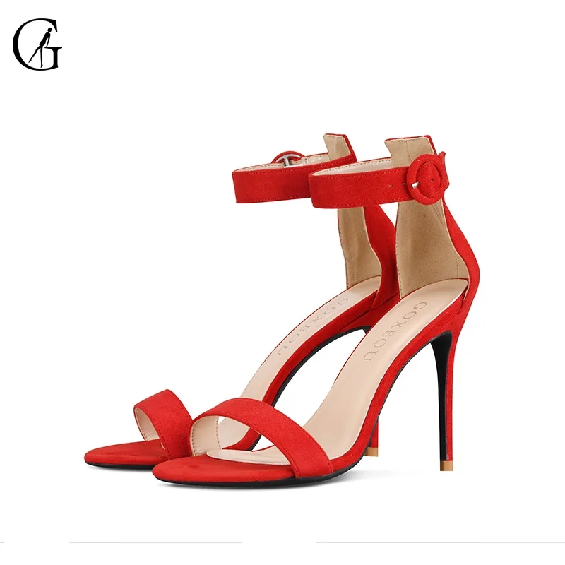 

GOXEOU Women's Sandals Flock Ankle Strap Buckle Round Toe Stiletto High Heels Party Sexy Fashion Office Lady Shoes Size 32-46