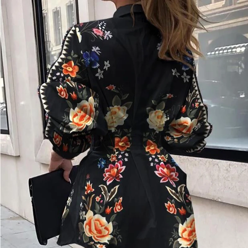 Женское винтажное офисное платье-рубашка с цветочным принтом Элегантная блузка