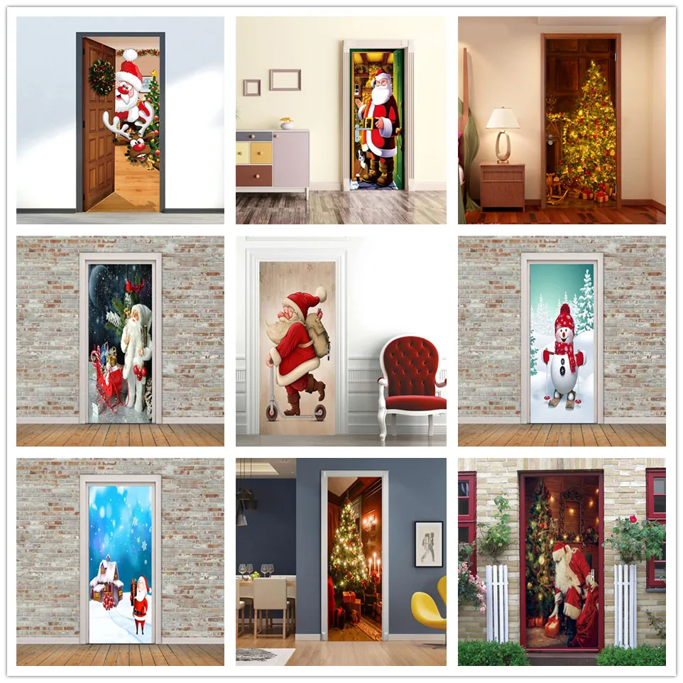 Świąteczna dekoracja tapeta naklejka na drzwi święty mikołaj bałwan drzewo plakat do salonu sypialnia Home Decor Mural winylowa ścienna