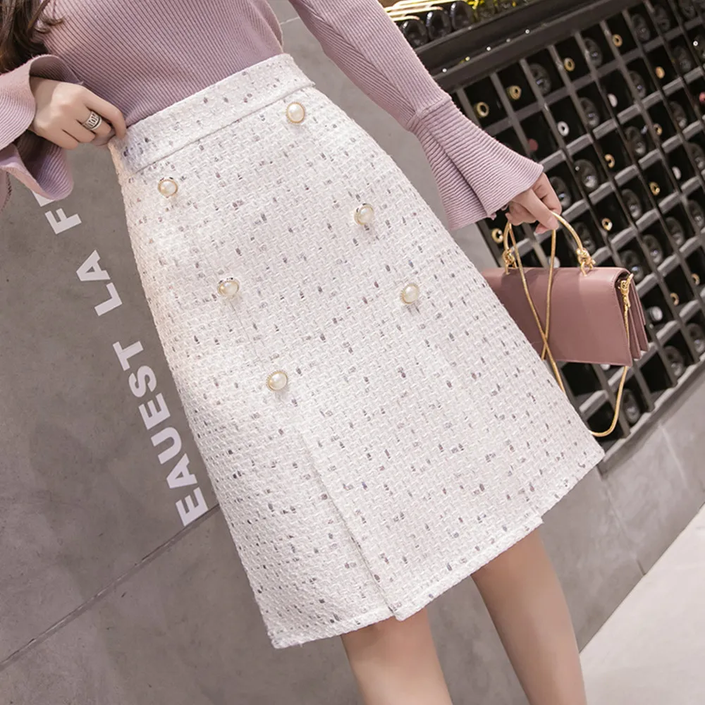 

New Vintage Winter Tweed Wool Skirts Women Autumn Double Breasted Korean A-Line Skirt High Waist Elegant Short Skirts Mujer Lady