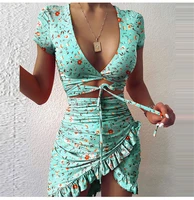 ueteey floral print fashion tie up wrap mini dress 2021 summer holiday ruffles sundress ruched womens dress short sleeve