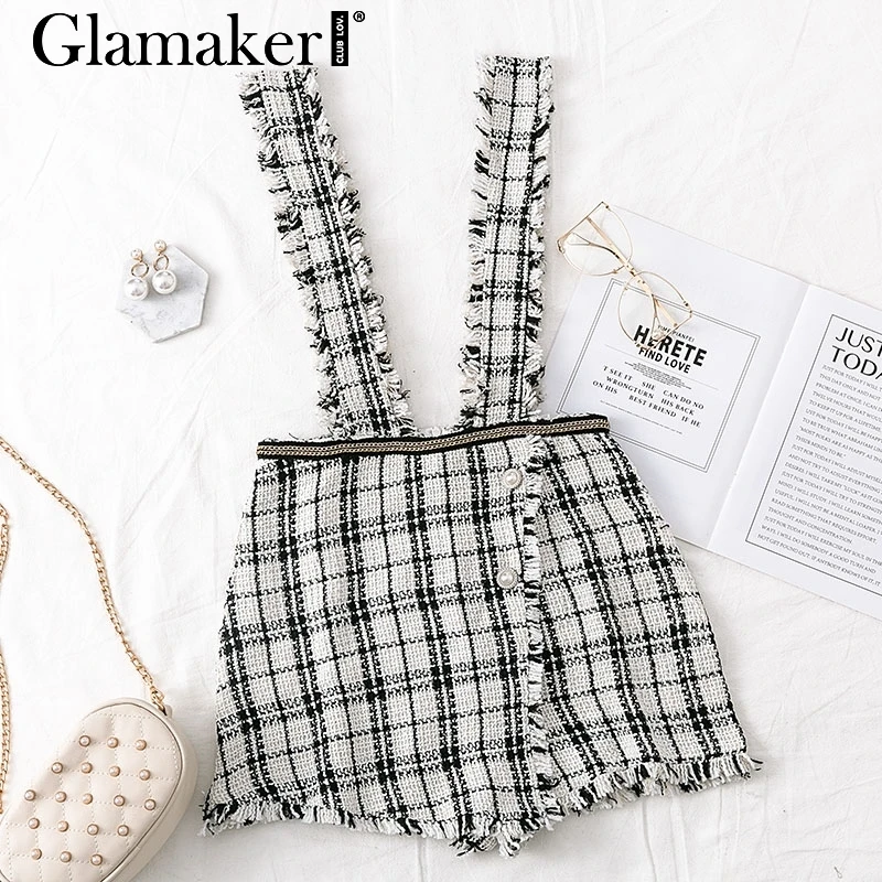Белый Glamaker, твидовая юбка-шорты с бахромой на ремешке, юбка с высокой талией, новинка, мини-юбка, женские сексуальные вечерние юбки на лямках для клуба - Цвет: Белый