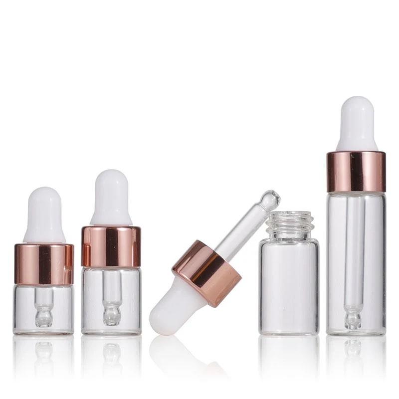 

50Pcs 1/2/3/5 ML Clear Glass Essential Oil Aromatherapy Dropper Bottles Rose Gold Cap Reagent Drop Eye Liquid Pipette Bottle