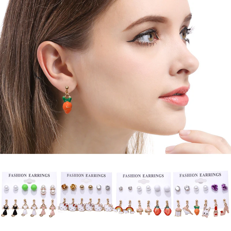 

6Pair/lot Sweet Cat Animal Stud Earrings for Women Girls Rainbow Fruit Drop Earrings Cute Earring Ear Jewelry Personality Gifts