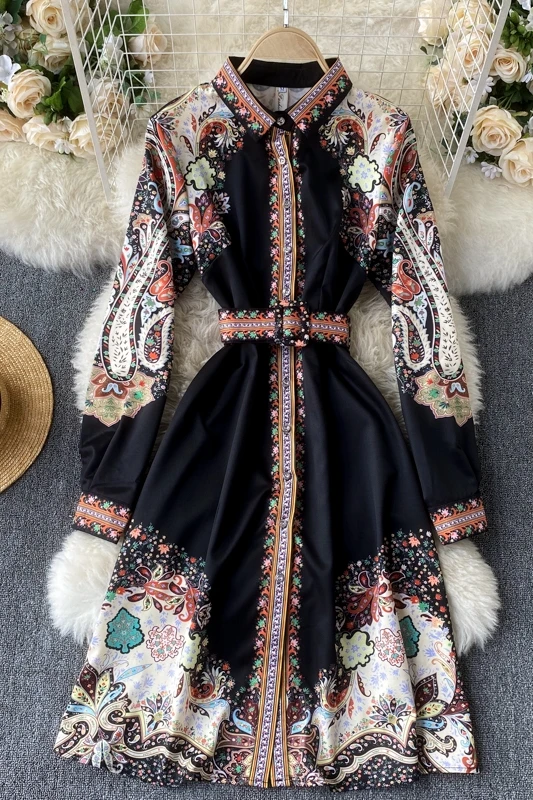 

2021 Autumn and Winter New Palace Style Dress for Women Vintage Floral Printed Long Sleeves Waist Slimming Short Dress Women