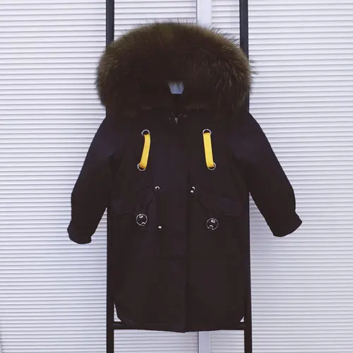 Khaki Armygreen Новинка года, парки с натуральным мехом для мальчиков и девочек зимняя детская куртка Xlong пальто с капюшоном из натурального меха енота Съемная подкладка из кроличьего меха - Цвет: Khaki Armygreen