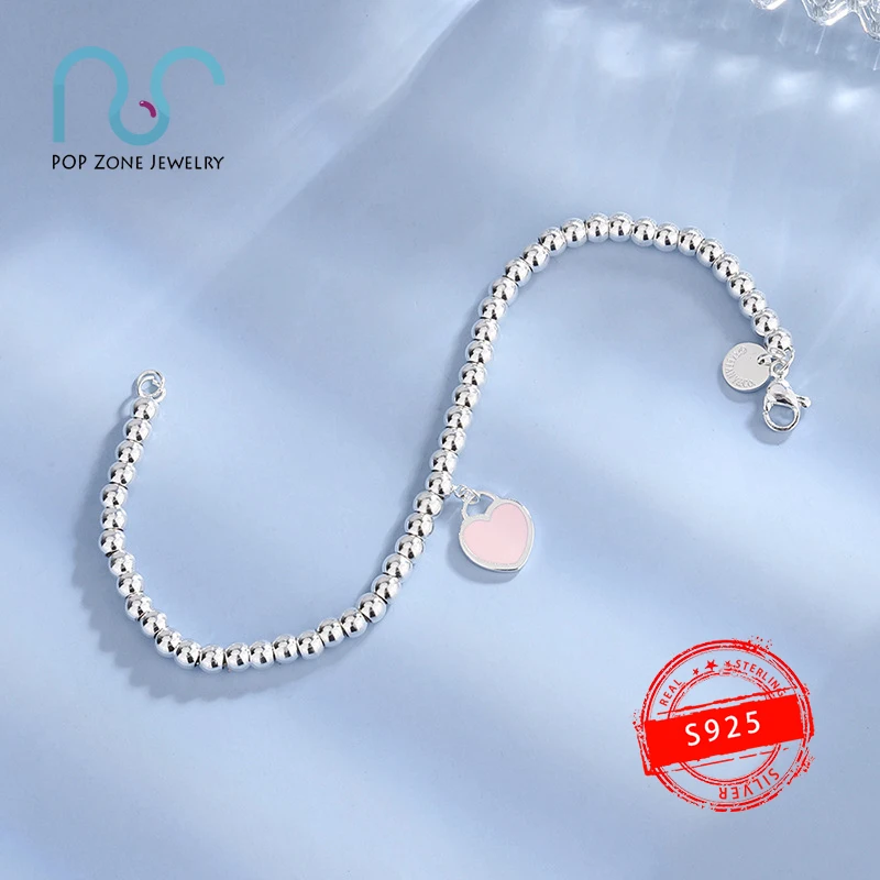 

S925 Sterling Silver Bracelet Brand Classic Style Enamel Heart 4mm Round Beads Luxury Fine Jewelry New Limit Lovers Holiday Gift