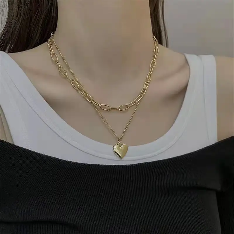 

Stainless Stee Double Layered Heart Necklace Gold Clavicle Chain Choker Necklace For Women Top Quality Sweater Chain Jewelry Gif