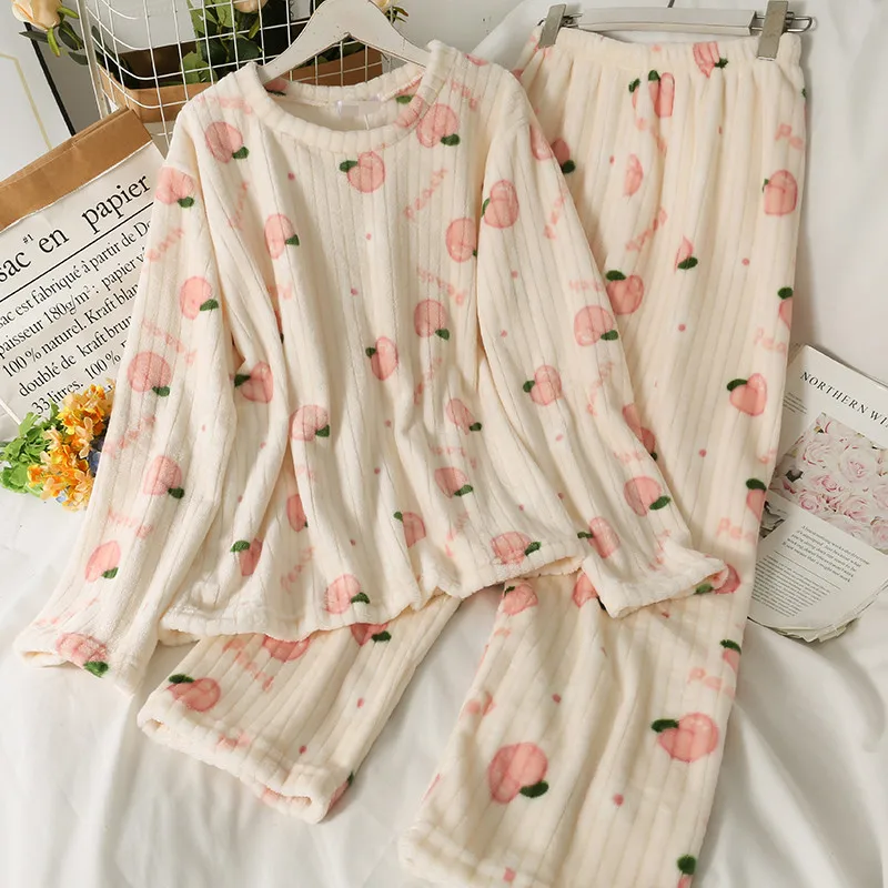 

2021 Autumn Winter Peach Print Coral Fleece Pajamas Long-sleeved Trousers Ladies Pajamas Suit Long Pajamas Women's Home Service