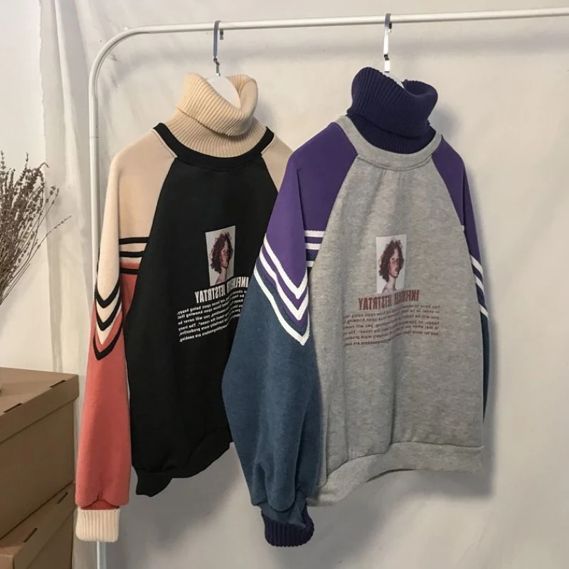 

Autumn Streetwear Turtleneck women Fleece Sweatshirt Print Pullover Sweatshirts Women Oversized Harajuku Streetwear