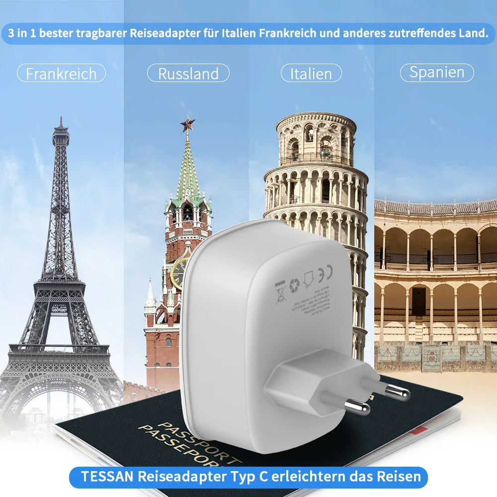 

EU Travel Power Strip Apdater with 2 USB Ports Portable Electrical Plug with Socket 2500W Outlet Expander Plug Type C