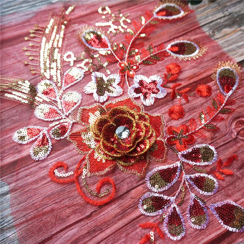 Красные золотые блестки перо цветок вышитая аппликация кружевной тканевый