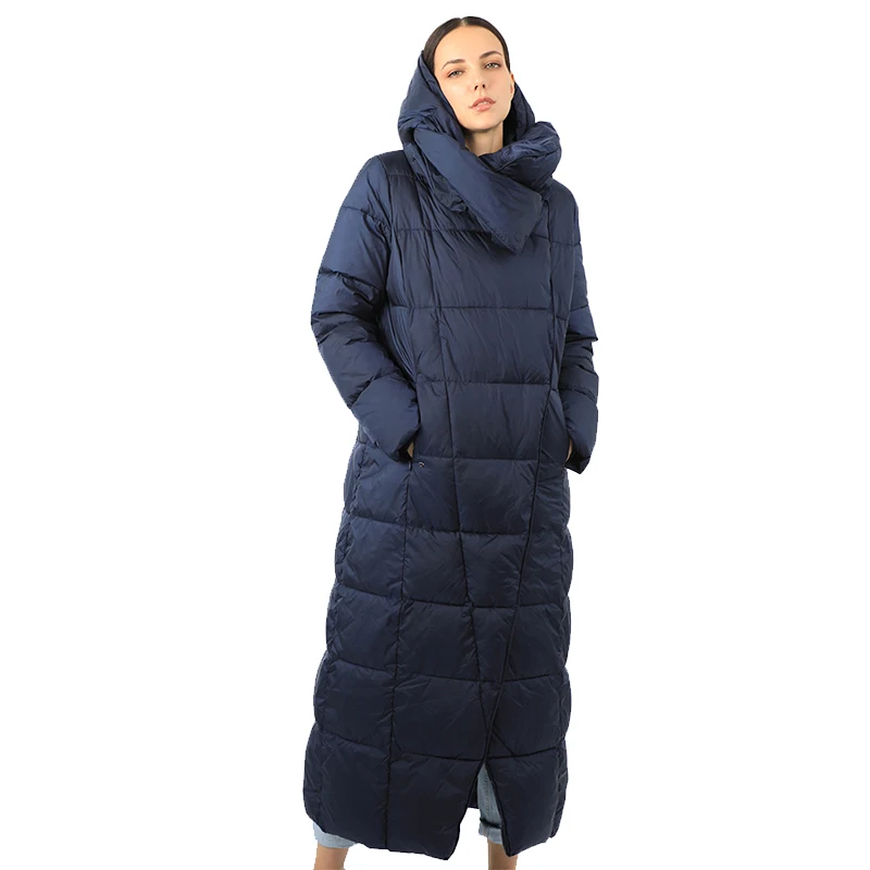 Women's Parka Long Down Jacket Cotton Removable Hooded Female Quilted Coat Puffer Stand-up Collar Windproof Office Lady 19-255