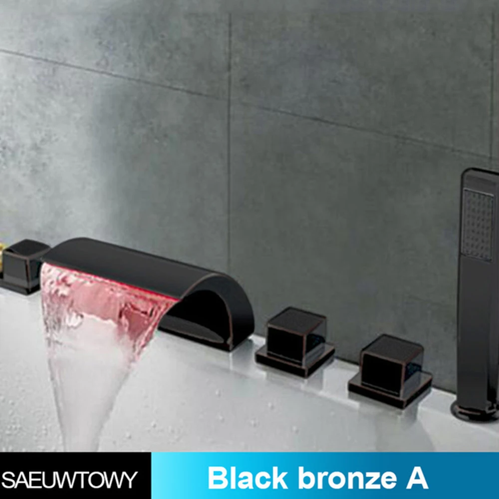 Black Bronze A ORB латунный светодиодный кран-водопад для ванной, широкая ванна, смеситель для раковины, кран для ванной, душевой кран с ручным душа, banheira - Цвет: Black Bronze A