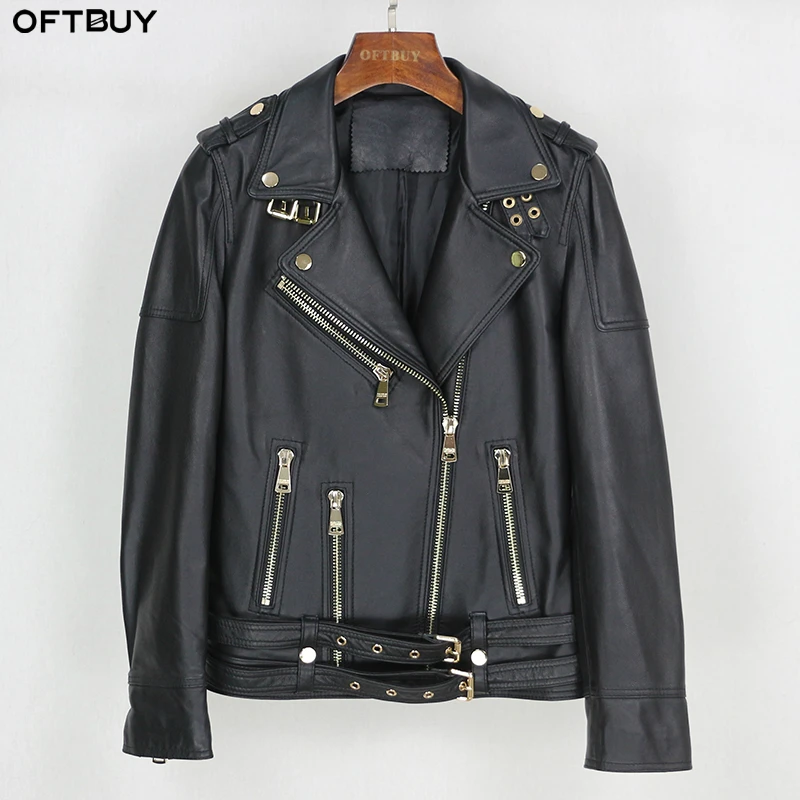 Весенняя женская куртка из натуральной кожи 2020 модная овечьей с поясом на молнии