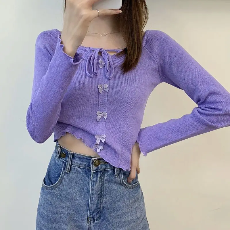 

Knitted Sweater Autumn New Women's Korean-Style Bow Tie-up Square Collar Short Outdoor Thin Long-Sleeved Upper G