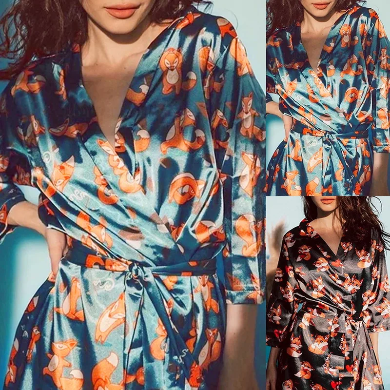 

New Fashion 3PCS Pajamas Set Sexy Flower Print Sleepwear Women Summer Fresh Pajamas For Women Deep V Robe Sleep Lounge