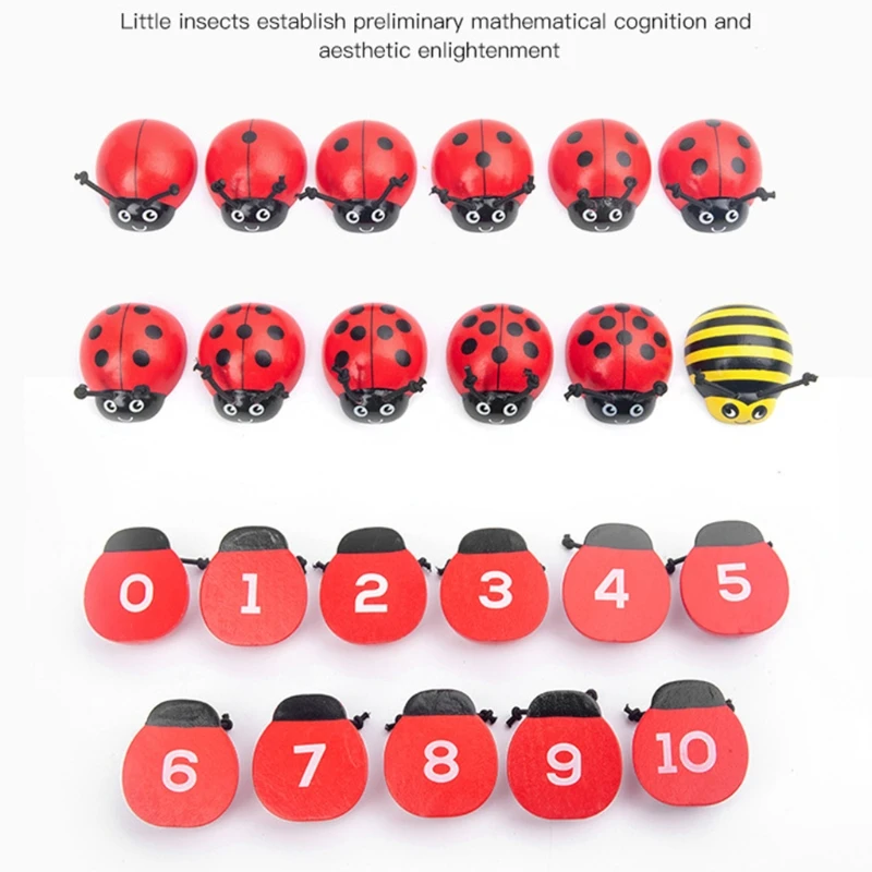 

C5AF Montessori Counting Ladybug Wooden Educational Toys 0-10 Numbers Learning to Count Beetle Felt Backpack Toy for Kids