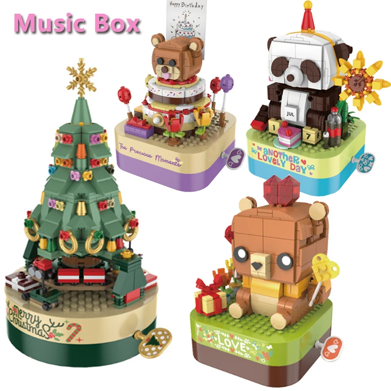 

2021 Рождественская вечеринка, вращающаяся музыкальная шкатулка, строительные блоки, Санта, дерево, день рождения, медведи, детские игрушки «...