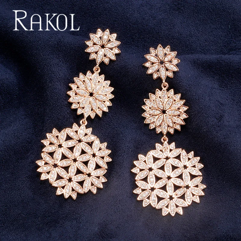 RAKOL элегантные серьги-подвески с цветами из кубического циркония для невесты, розовое золото, романтическое ювелирное изделие с микро покрытием из кристаллов RE12137K