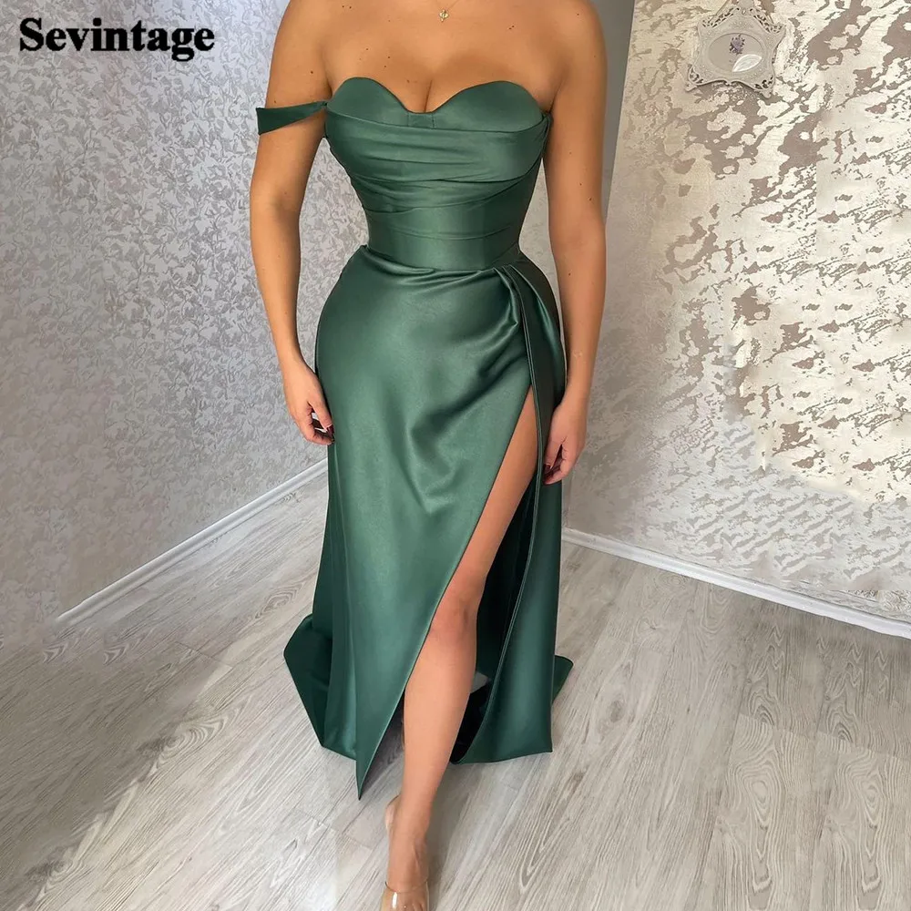 

Sevintage Simple Hunter Green Evening Party Dresses One Shoulder Pleated Women Gowns High Split Prom Dress Satin Formal Gown