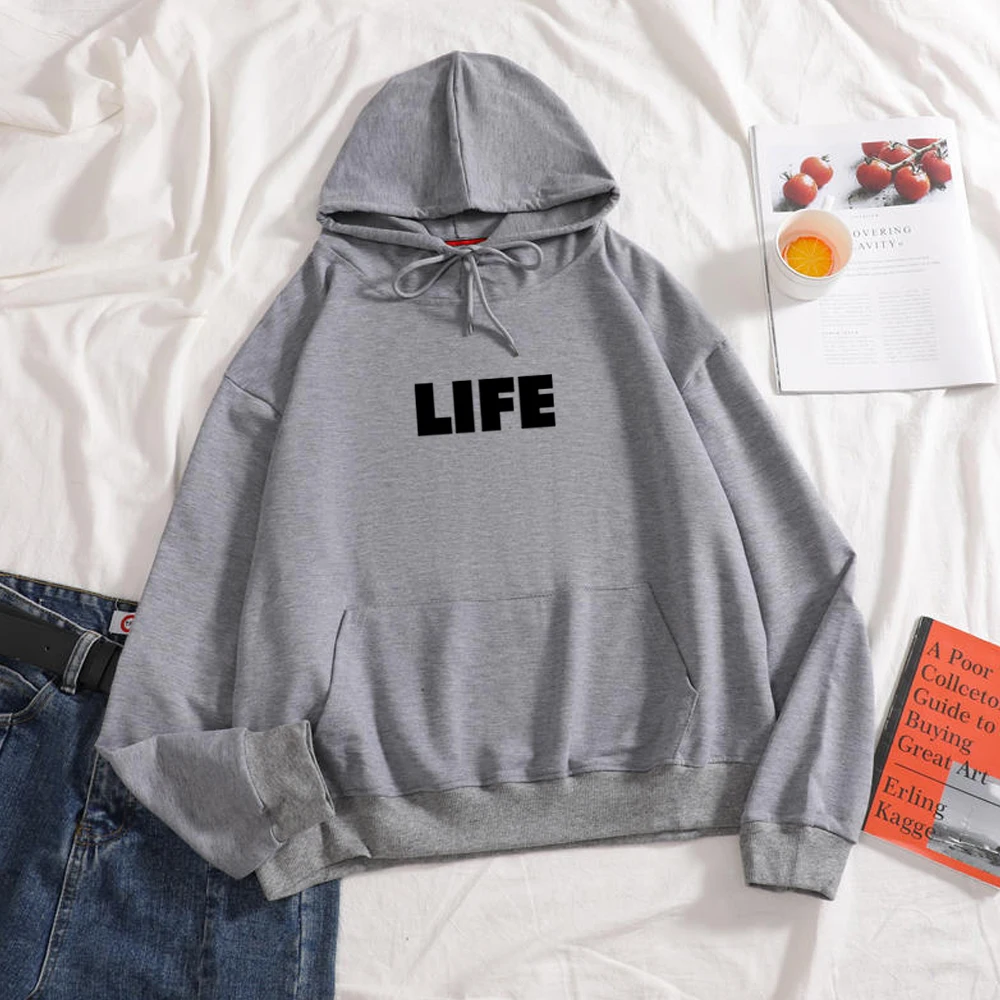 

Women's Oversized hoodie Cotton Hoodies Full Sleeve LIFE Letter Print Hooded Sweatshirt Cool Womens Hoody Female Streetwear