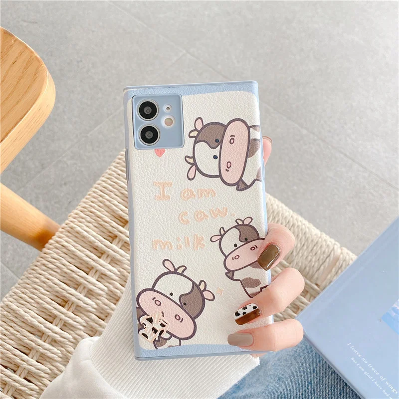 

Embossed cute cow iphone12 mini case for Apple 11 leather 7 / 8plus square case