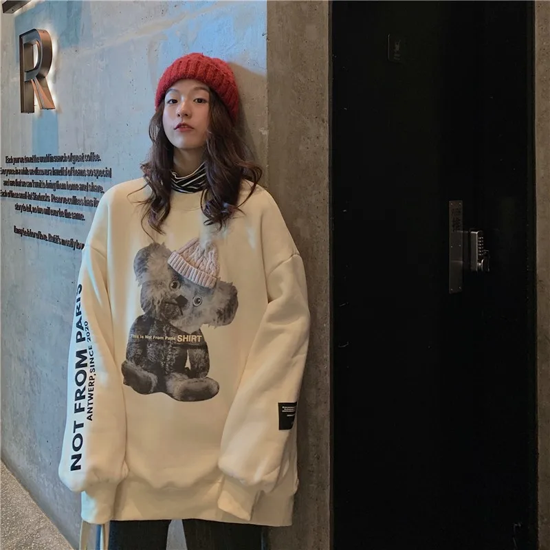 Bear Print Cute Oversized Sweatshirt Korean Loose Plus Velvet Long Sleeve Women Sweetshirts Pullover Womens Clothing Streetwear